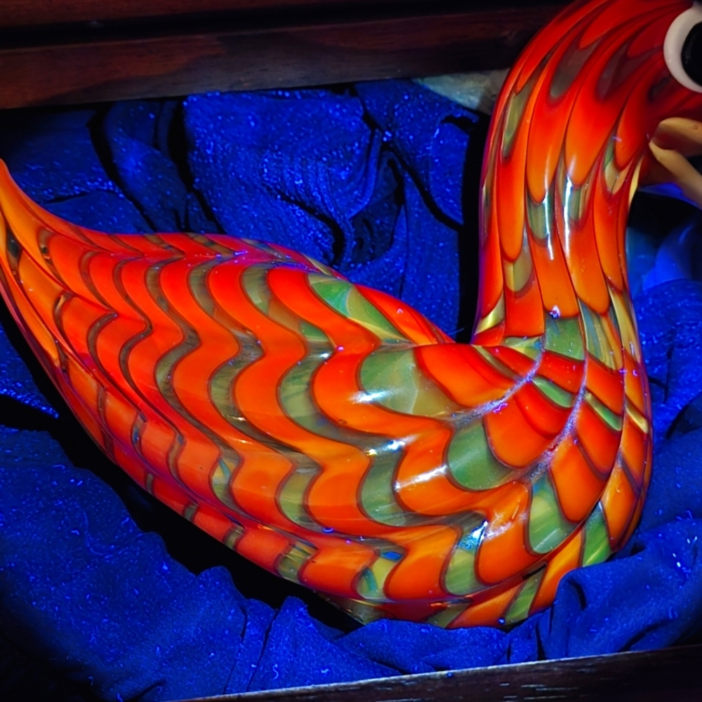 Murano Style Type Duck 9"L x 5"W x 7"H - Vibrant Reddish Orange Swirl Colors - Picture 11 of 12